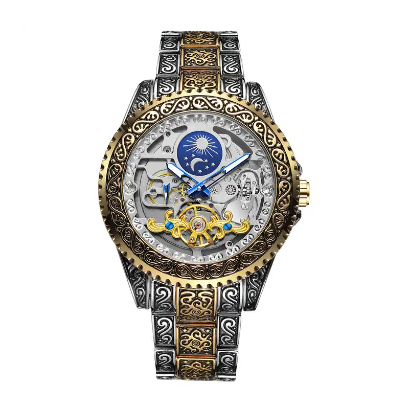 Forsining Skeleton Watch Men's Luxury Tourbillon Mechanical Engraved Vintage Moon Phase Steel Wristwatch